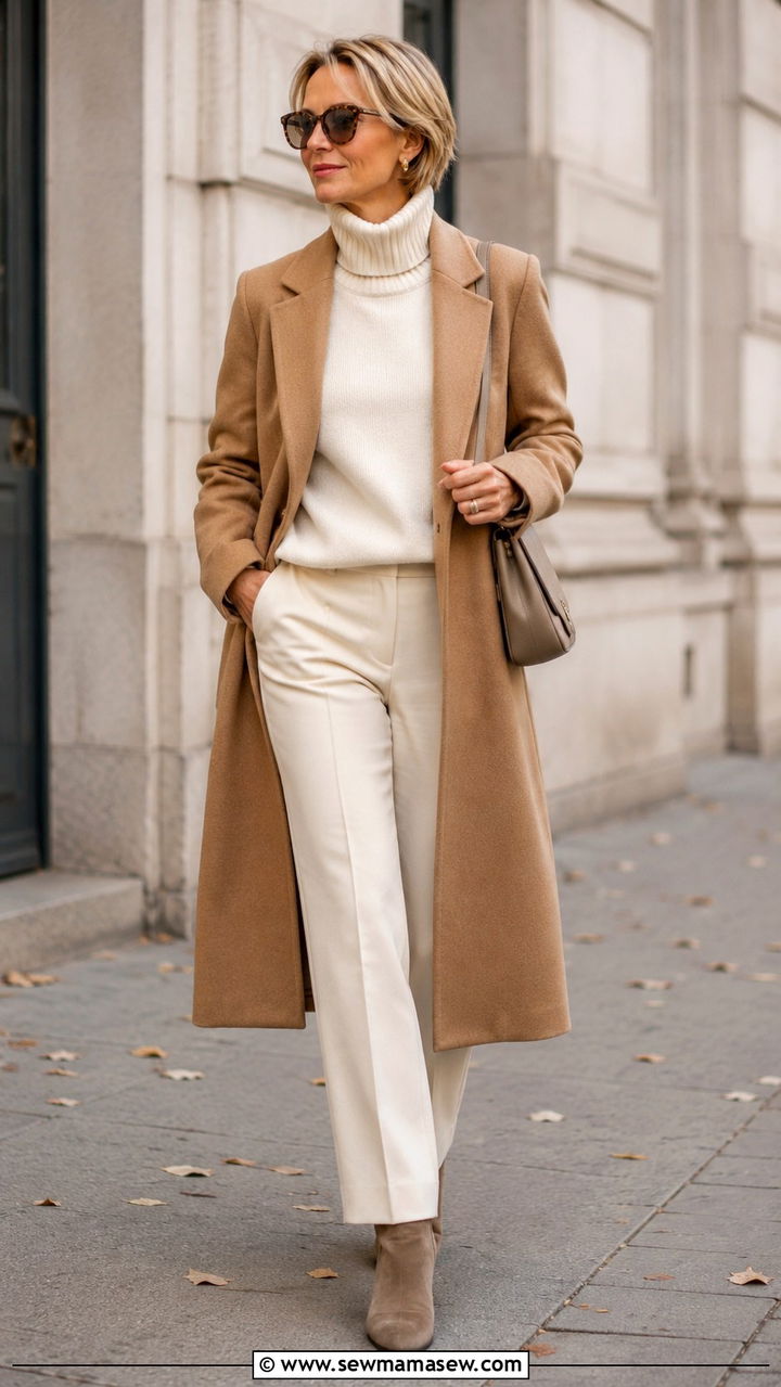 Camel coat with cream layers and ankle boots - 25 Outfit ideas for women over 50 elevated casual