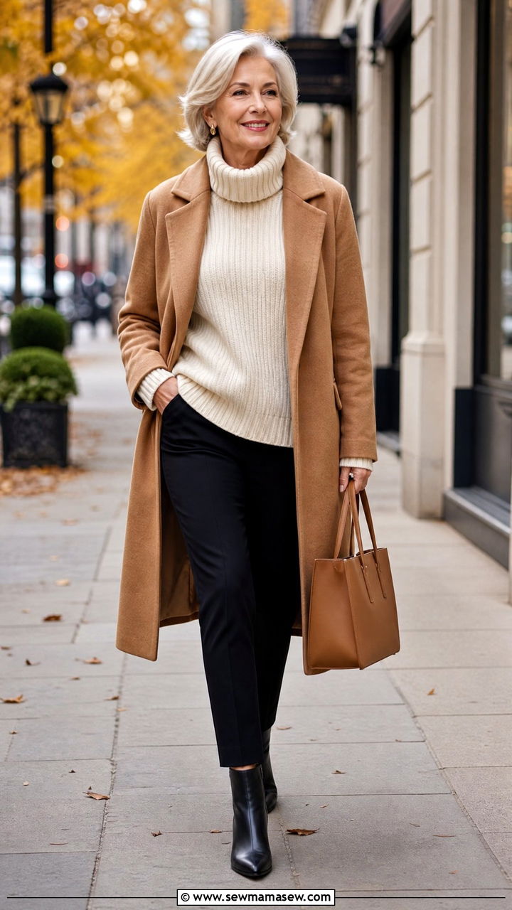 Camel coat with cream sweater and ankle pants - 30 Outfit ideas for women over 55