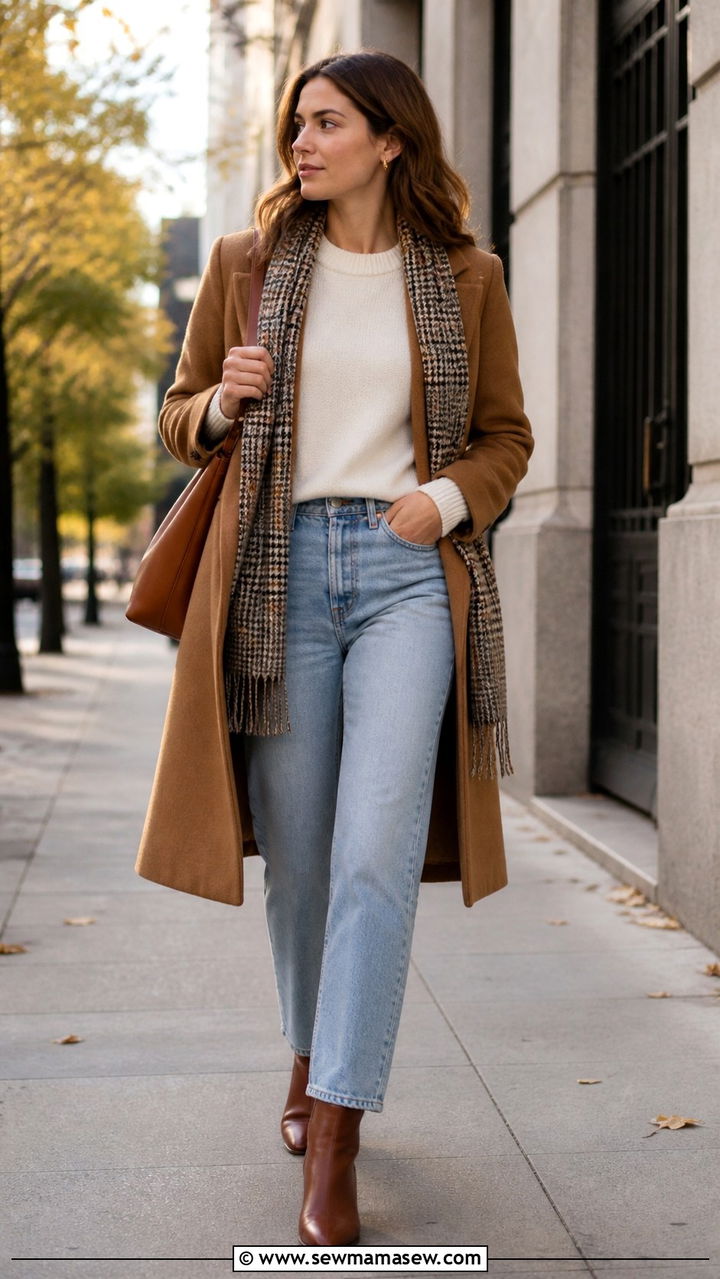 Camel coat with cream sweater and light wash jeans - 40 casual office outfits