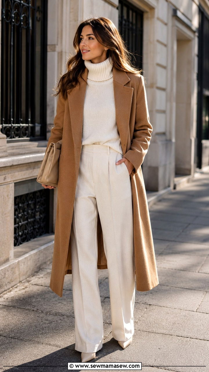 Camel coat with cream sweater and tailored trousers - 25 Quiet luxury outfit ideas for women over 40