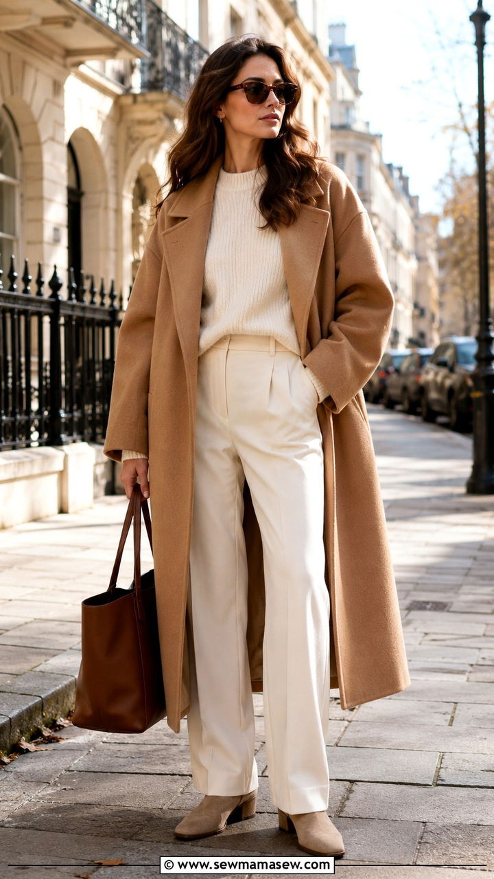 Camel coat with cream trousers - 25 Old money outfit ideas with trousers