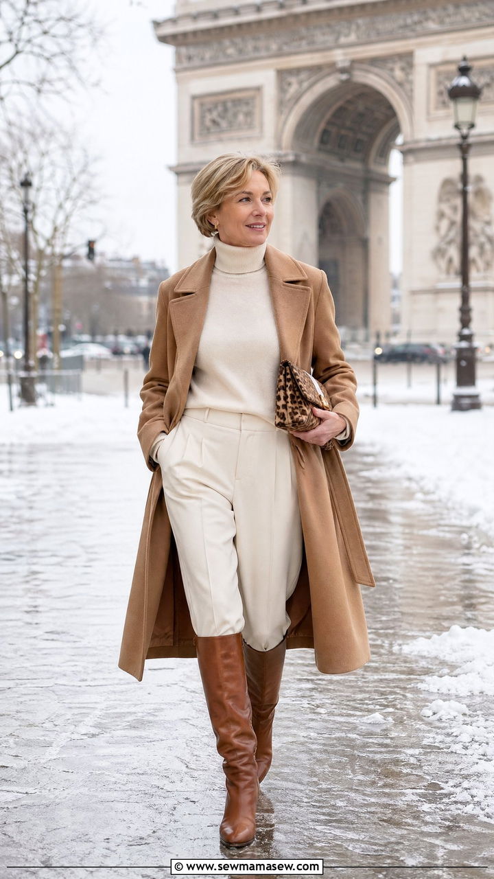 Camel coat with cream turtleneck and leather boots - 35 French girl outfit ideas for women over 40
