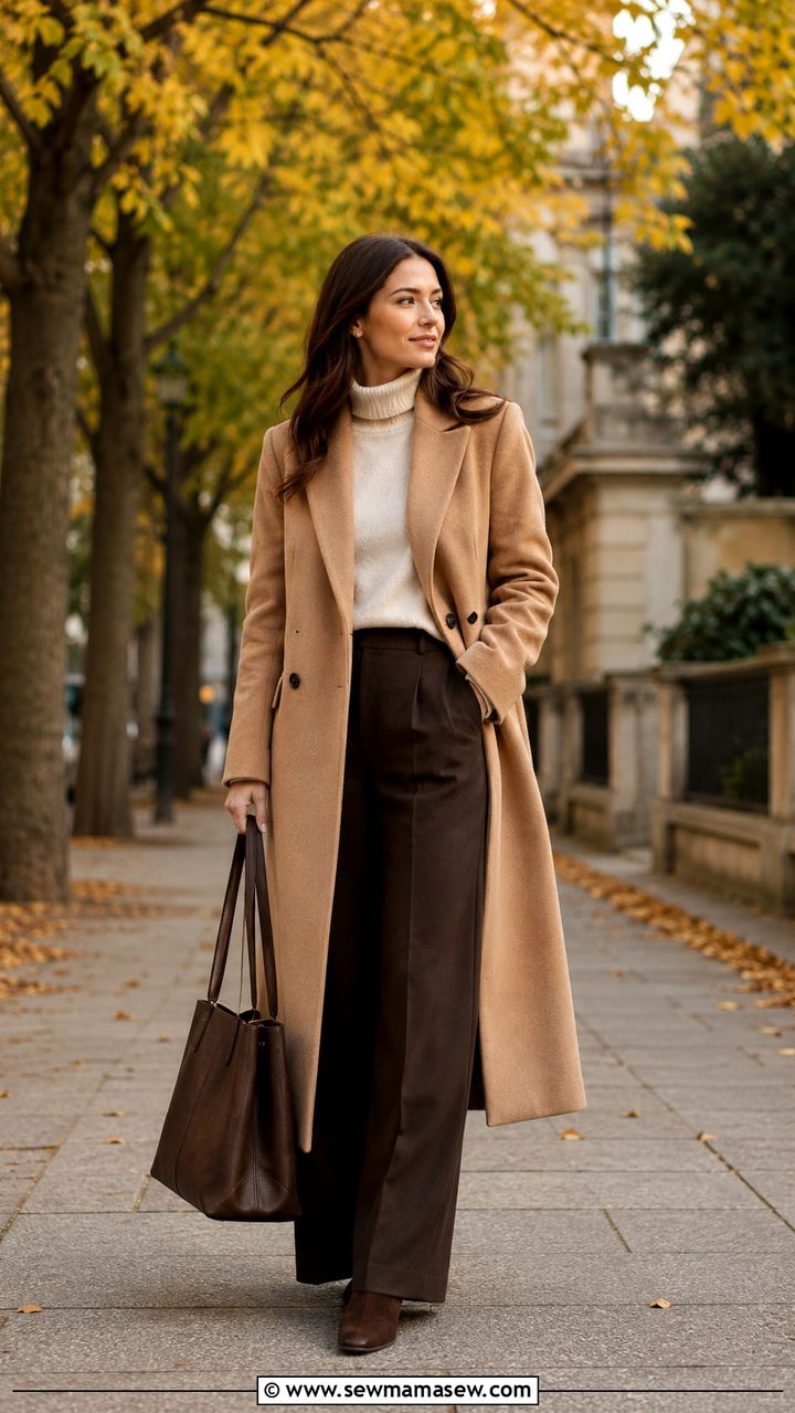 Camel coat with cream turtleneck and wide leg trousers - 30 classy jacket outfits
