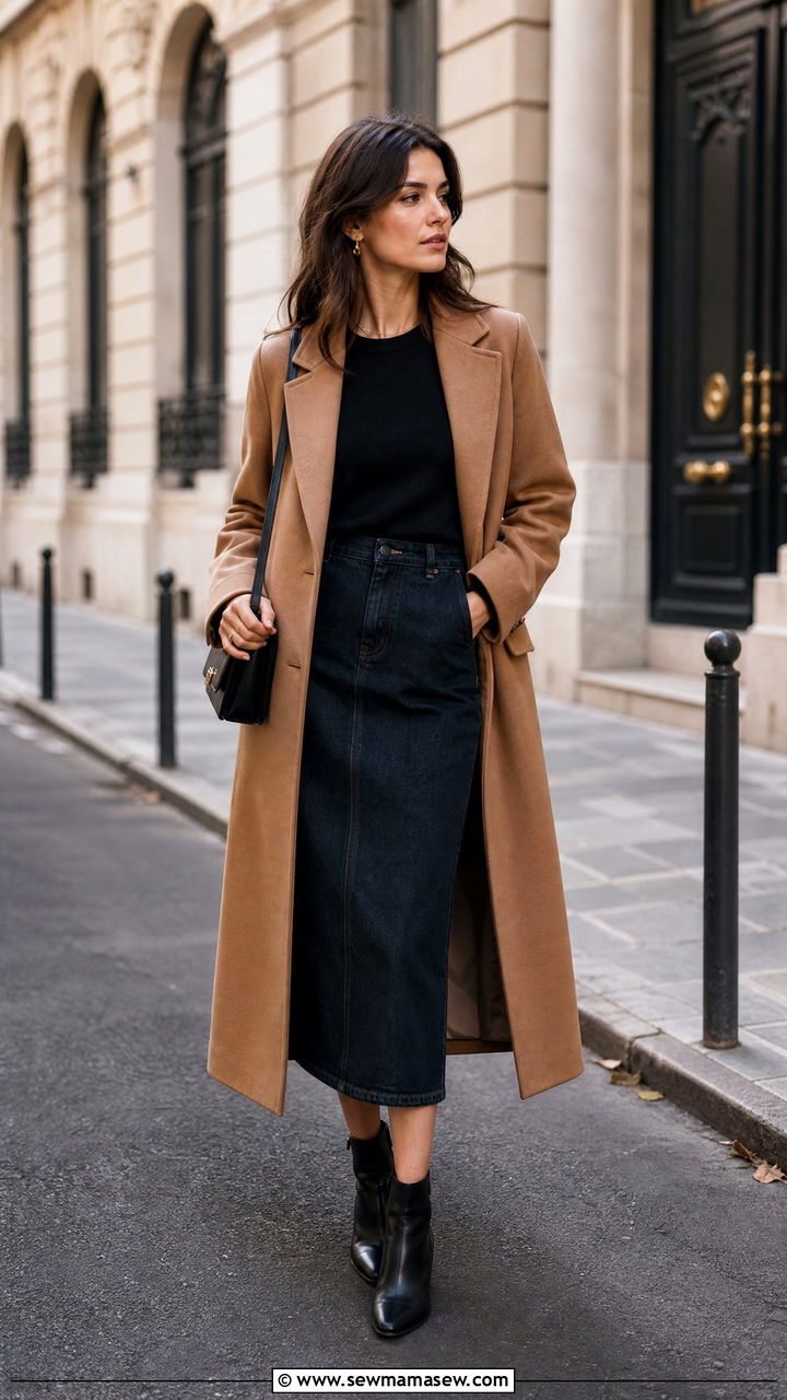 Camel coat with dark wash denim midi skirt outfit - 25 classy denim skirt outfits