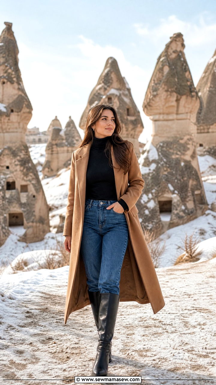 Camel coat with turtleneck and jeans Cappadocia - 25 Cappadocia outfit ideas