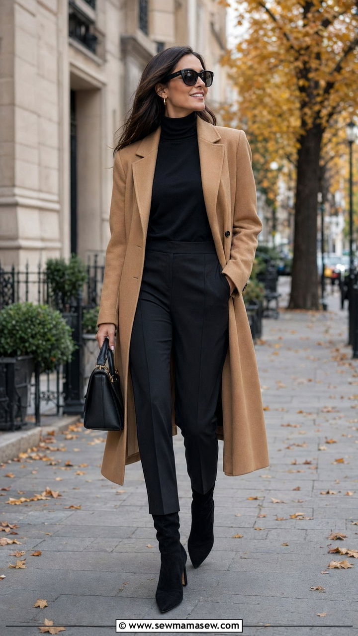 Camel coat with turtleneck and tailored pants outfit - 35 Ageless outfit ideas