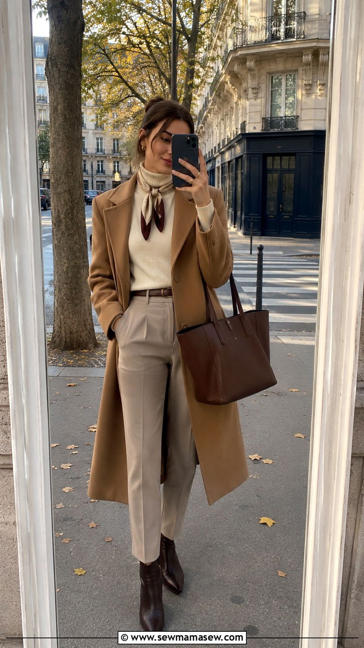 Camel coat with turtleneck and trousers outfit - 25 Petite Parisian outfit ideas