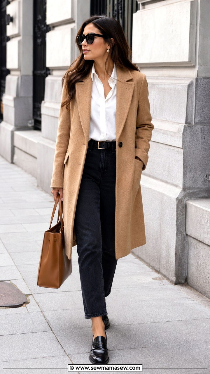 Camel coat with white button down and jeans outfit - 25 Quiet luxury on a budget outfit ideas