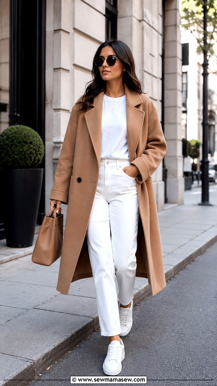 Camel coat with white jeans and sneakers - 30 Camel and white outfit ideas