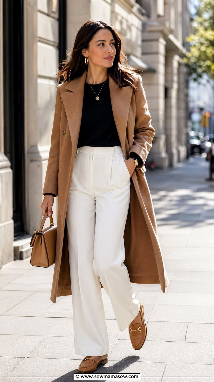 Camel coat with white wide leg trousers - 35 elegant outfits for women