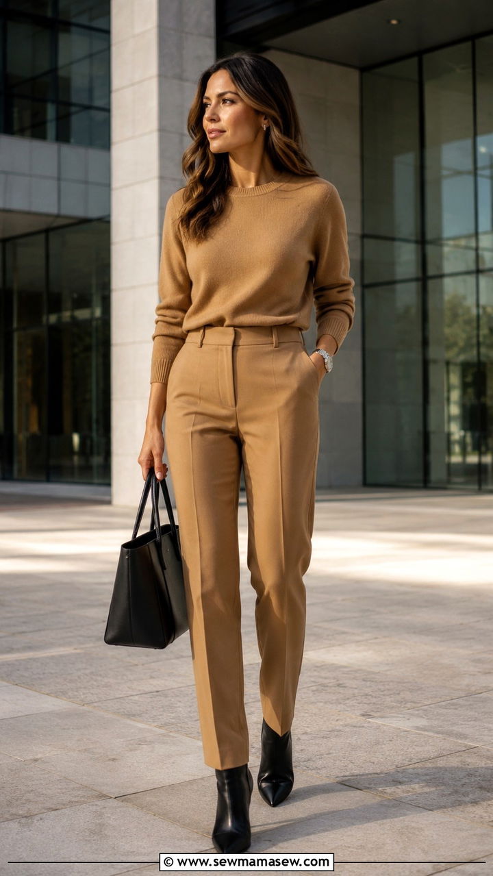 Camel crewneck sweater and tailored trousers - 30 Sweater and pants matching set outfit ideas