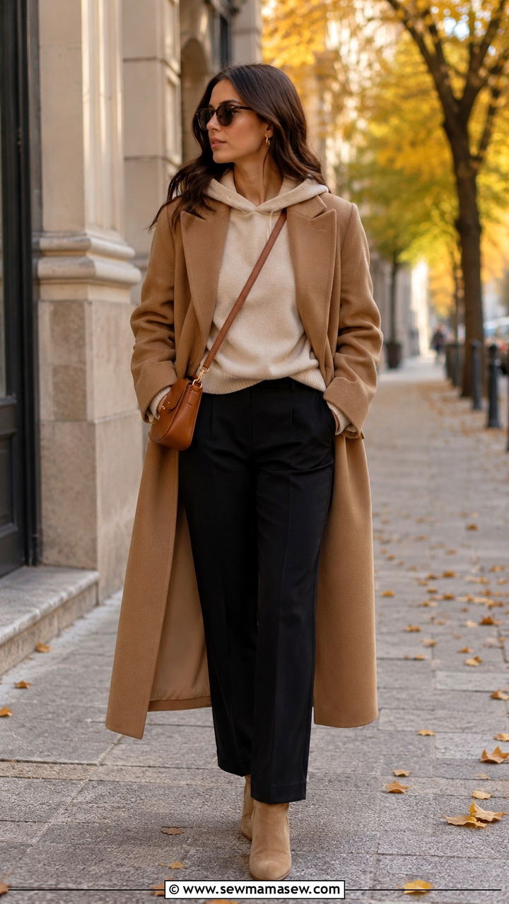 Camel double faced coat layered over a cream cashmere hoodie and black trousers - 20 Quiet luxury Loro Piana dupes outfit ideas