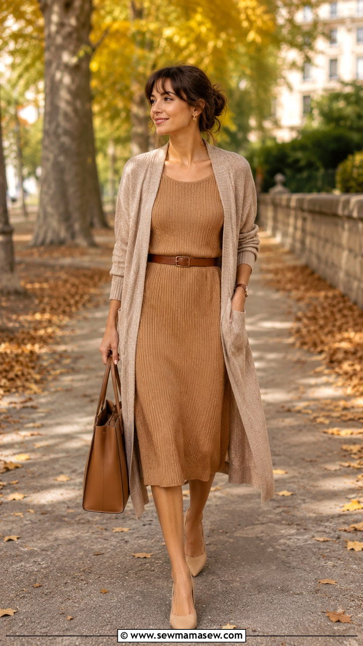 Camel knit dress with a long cardigan and pointed toe flats - 25 Petite French girl outfit ideas