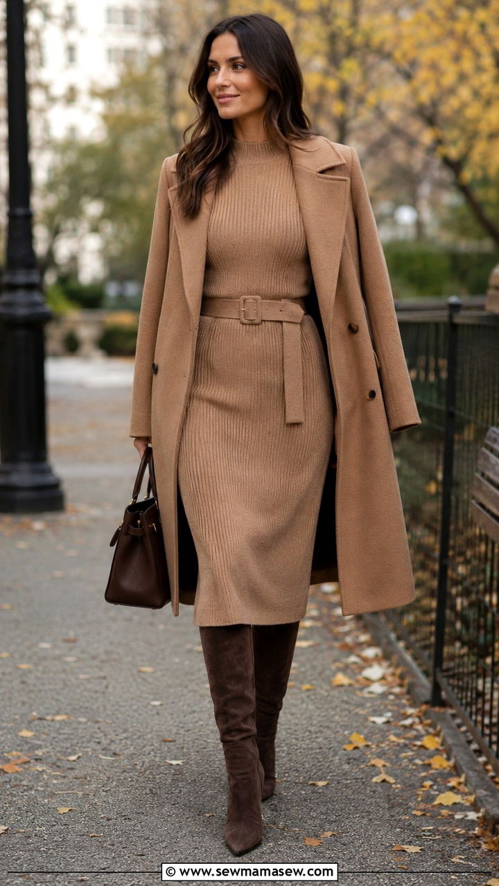 Camel knit midi dress and knee high boots outfit - 20 Quiet luxury outfit ideas Kate Middleton