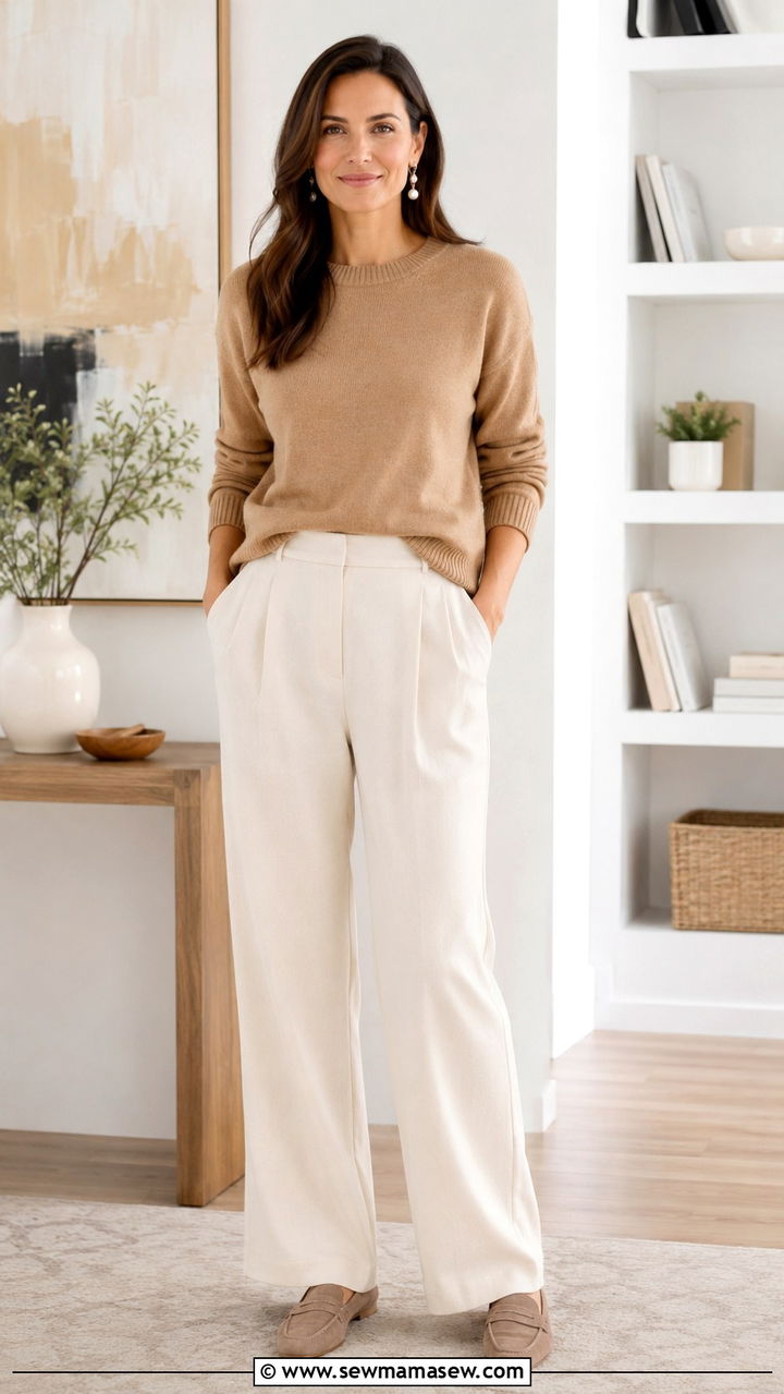 Camel knit sweater and wide leg trousers - 25 Virtual presentation outfit ideas