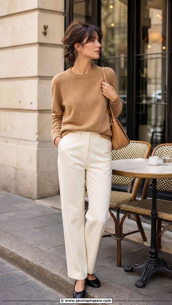 Camel knit sweater with cream trousers and ballet flats - 30 casual french girl outfits