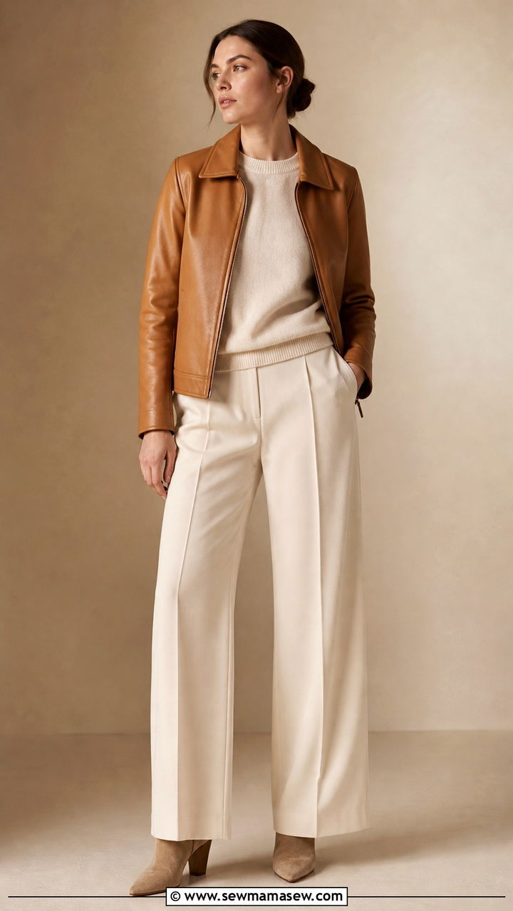 Camel leather jacket with cream monochrome outfit - 40 leather jacket outfit ideas