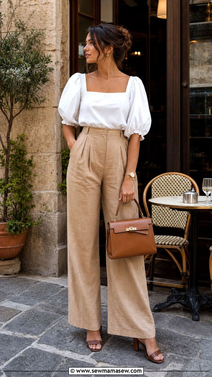 Camel linen trouser with a white puff sleeve blouse - 25 summer italian girl outfit ideas