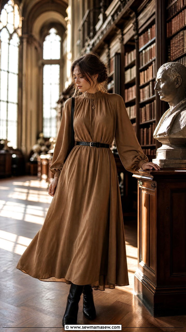 Camel maxi dress with balloon sleeves and ankle boots outfit - 25 classy dark academia outfit ideas