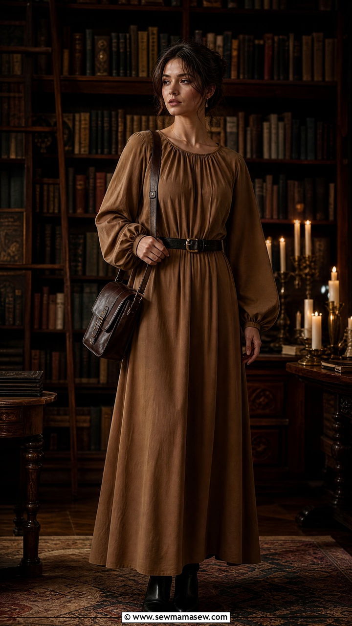 Camel maxi dress with balloon sleeves outfit - 30 dark academia outfits ideas