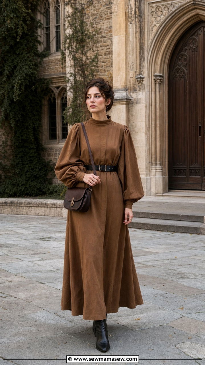 Camel maxi dress with balloon sleeves - 25 dark academia outfits inspo