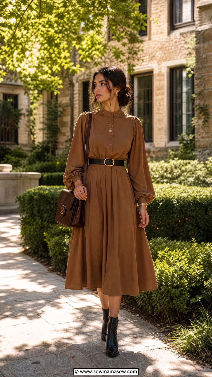 Camel midi dress with balloon sleeves - 30 Dark academia school outfits