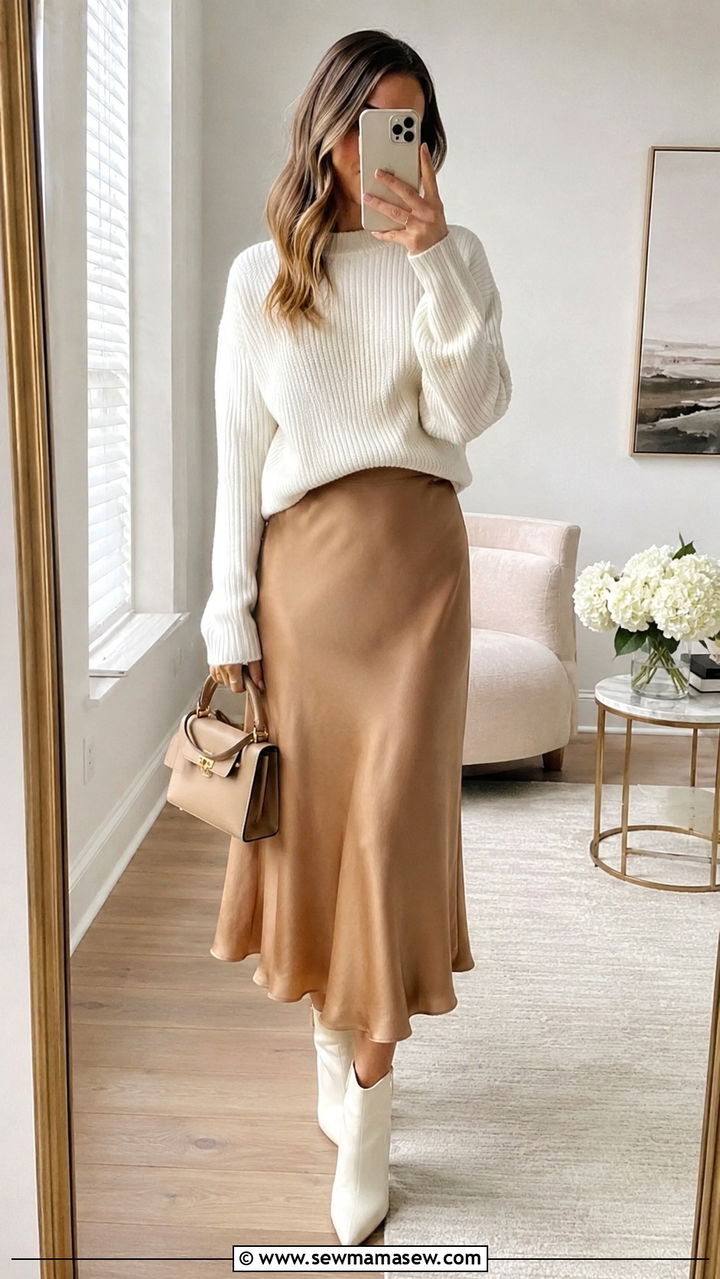Camel midi skirt with white knit sweater - 30 Camel and white outfit ideas