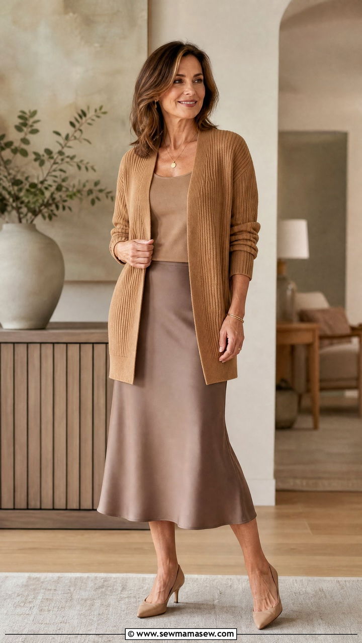 Camel open front cardigan over a tonal tank and slip skirt - 30 Elevated casual outfit ideas for women over 40