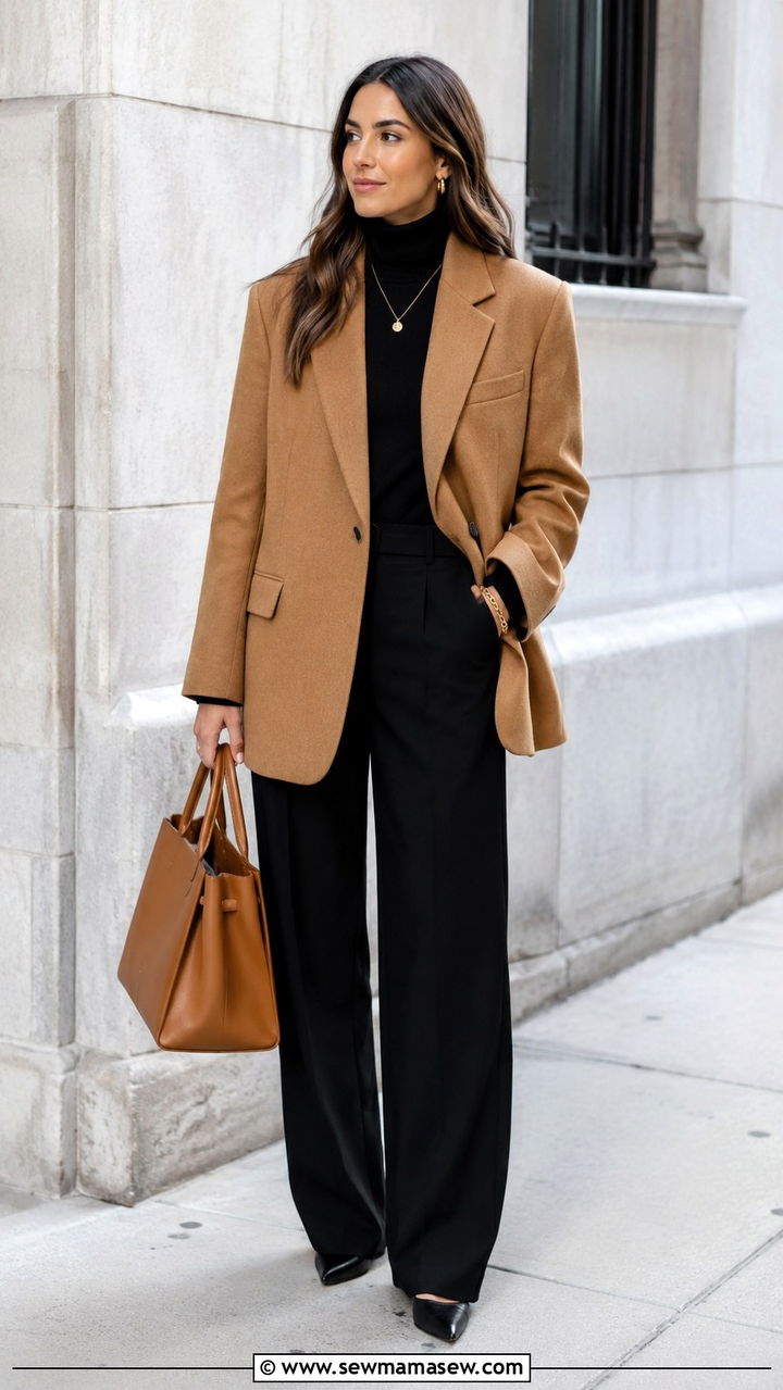 Camel oversized blazer with a black turtleneck and pointed flats - 25 Wide leg black pants outfit ideas with a blazer