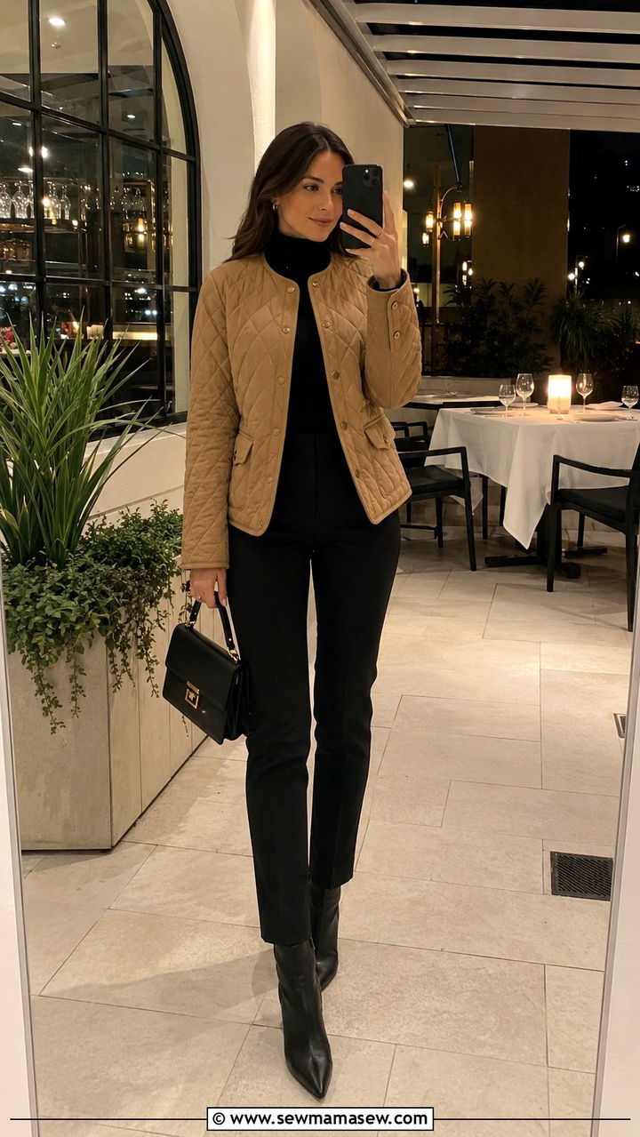 Camel quilted jacket with all black underlayers - 25 Old money outfit ideas with quilted jacket