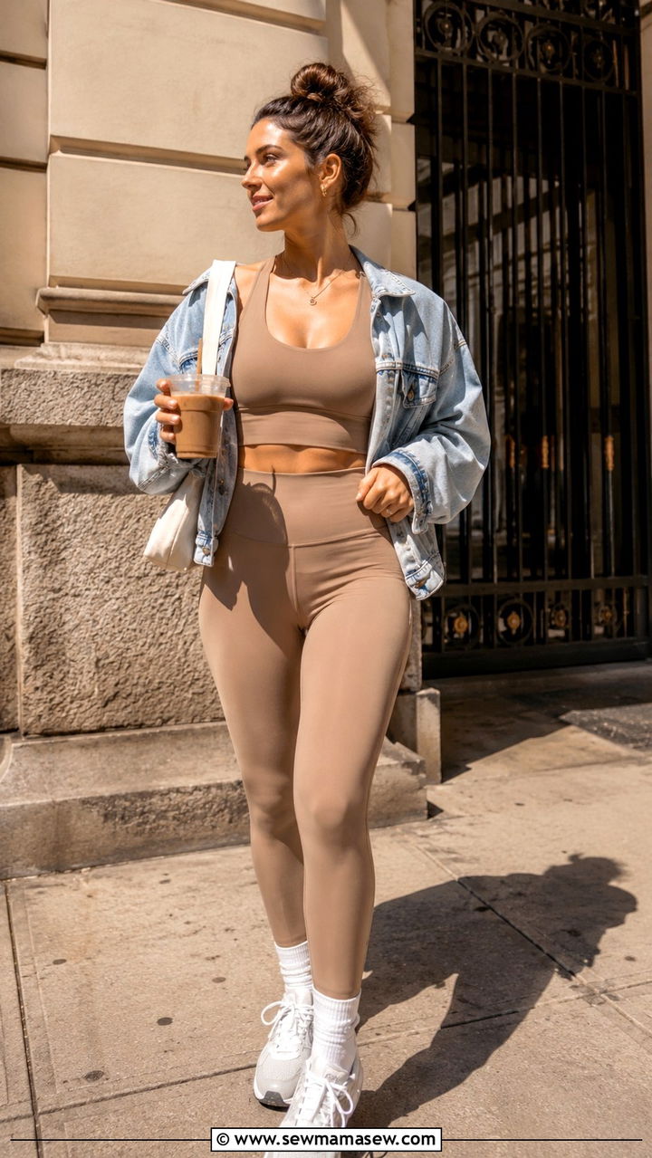 Camel set and denim jacket - 30 Reformer Pilates outfit ideas