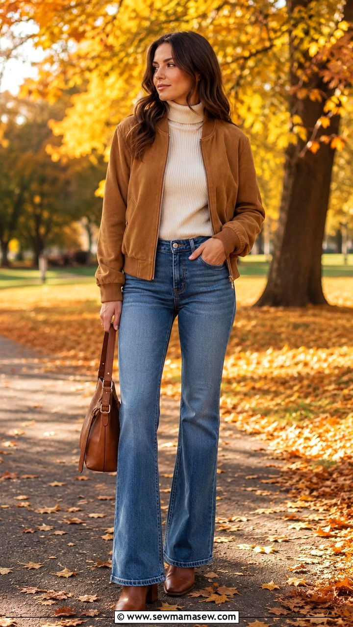 Camel suede bomber jacket with bootcut jeans - 30 Bomber jacket outfit ideas with jeans