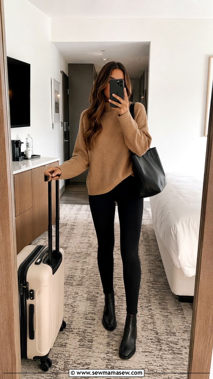 Camel sweater and black leggings travel outfit - 30 Minimalist outfit ideas for travel