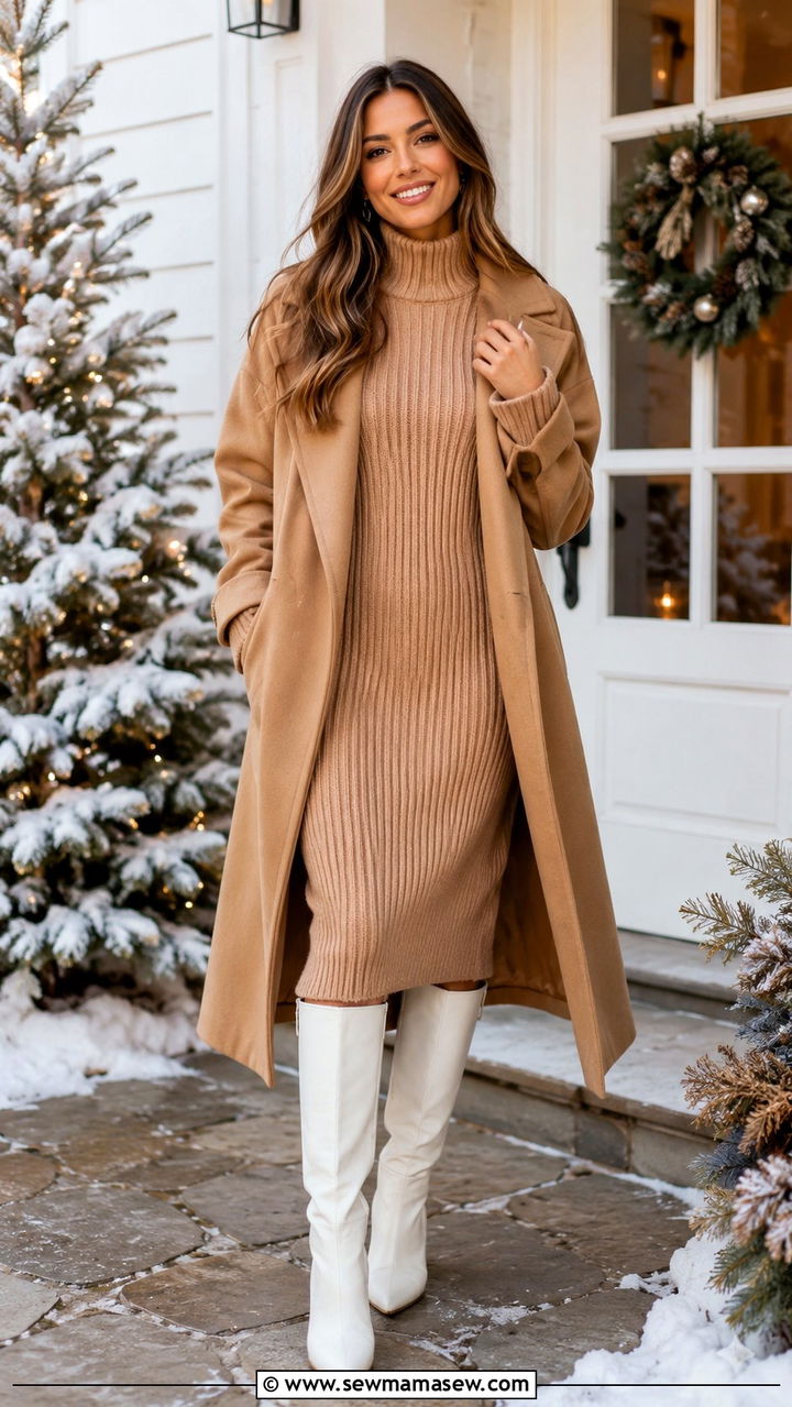 Camel sweater dress with white knee high boots - 30 Camel and white outfit ideas