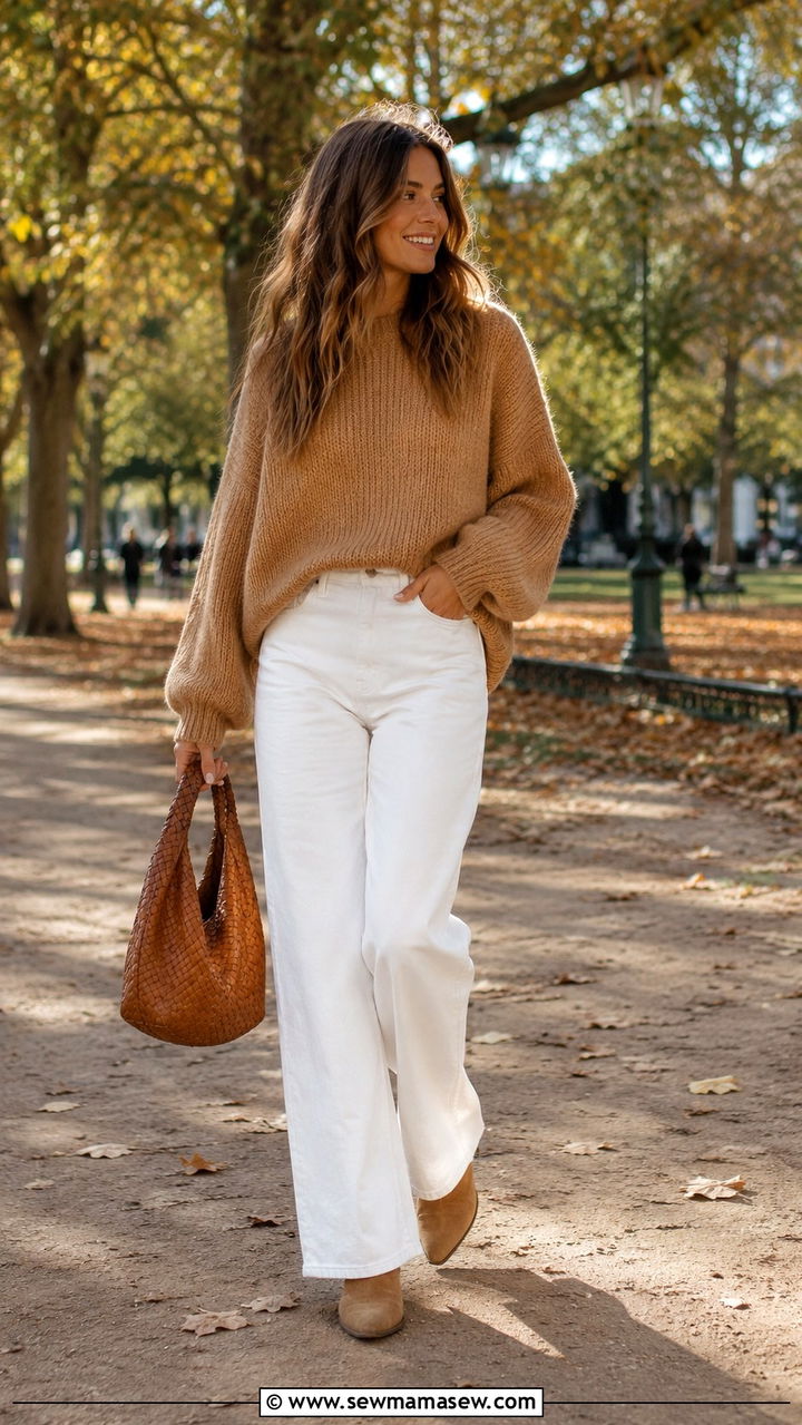 Camel sweater with white wide leg jeans - 30 Camel and white outfit ideas