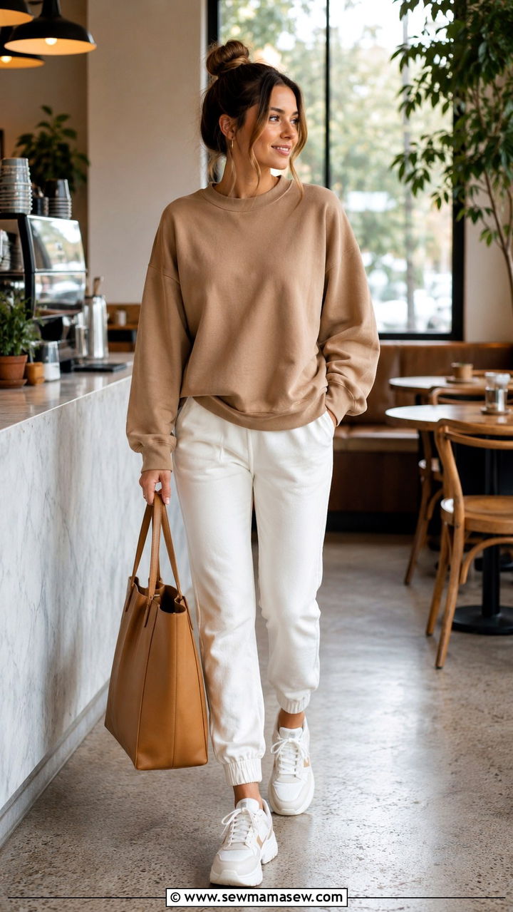 Camel sweatshirt with white joggers and chunky sneakers - 30 Camel and white outfit ideas