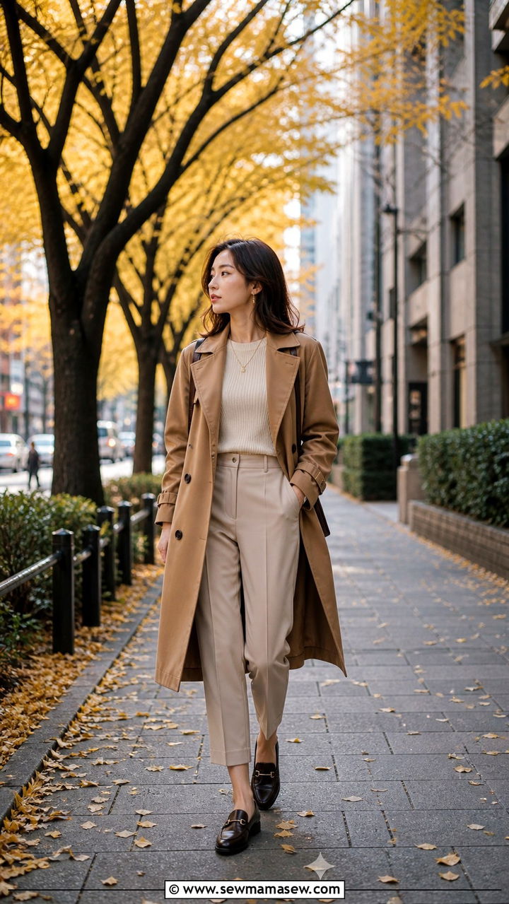 Camel trench coat and ribbed knit for early autumn - 40 What to wear in Tokyo