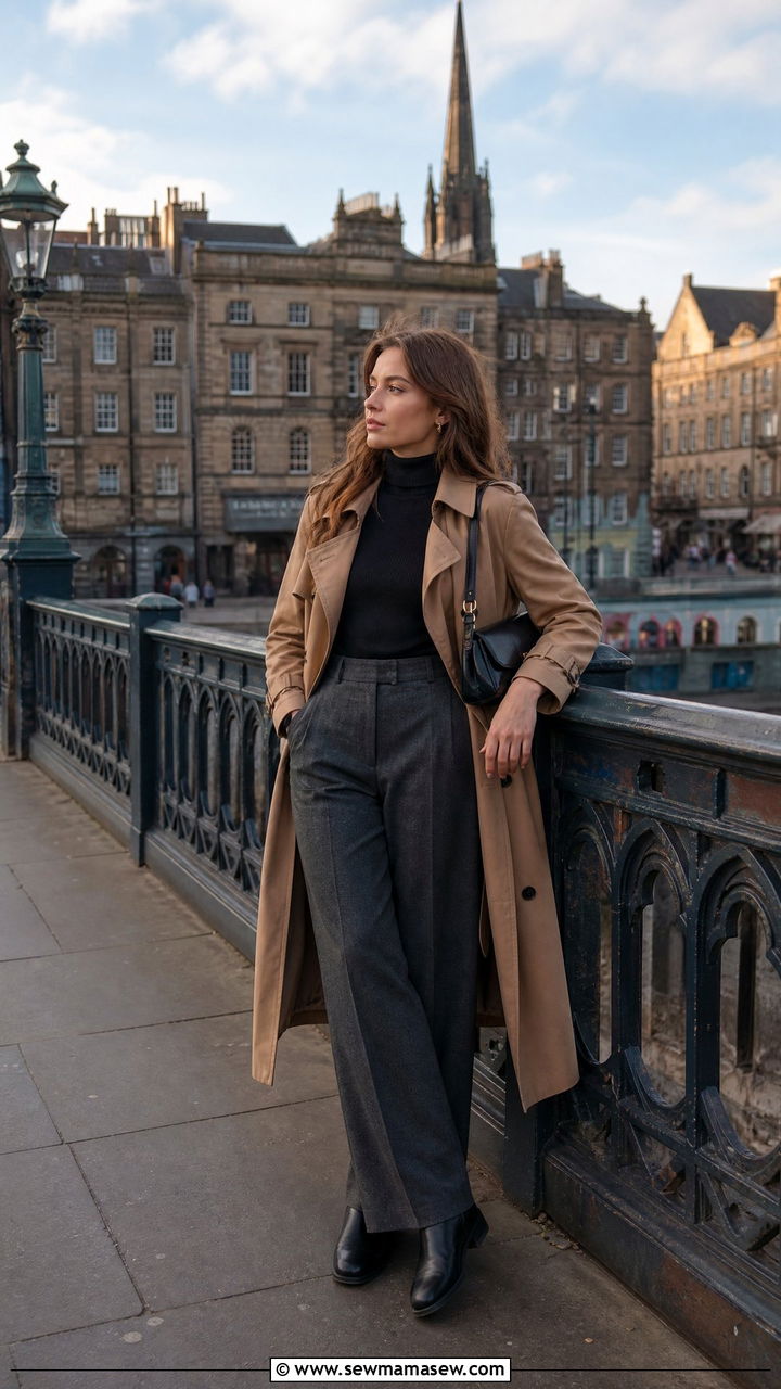 Camel trench coat and turtleneck outfit - 30 Edinburgh outfit ideas