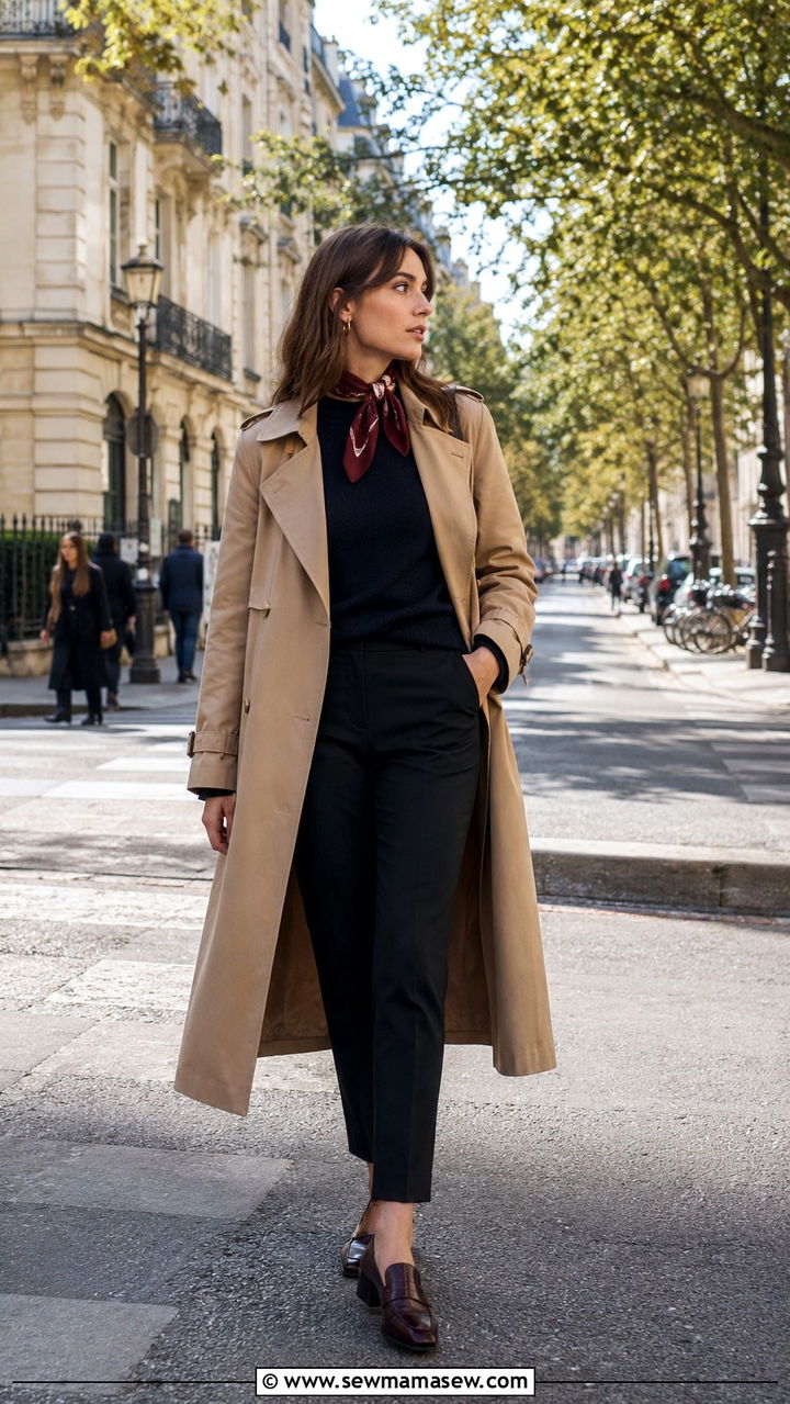 Camel trench coat over a navy knit and cigarette trousers - 20 French girl outfit ideas Francoise Hardy