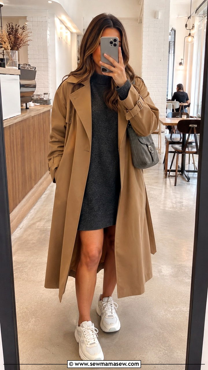 Camel trench coat with a sweater dress and chunky dad sneakers - 30 Long trench coat outfit ideas with sneakers