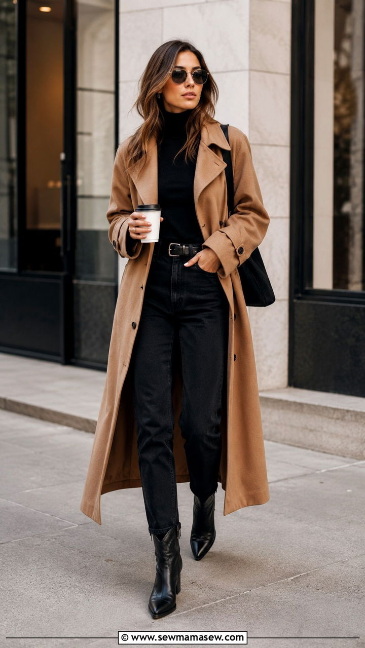 Camel trench coat with black jeans and cowboy boots - 25 Western outfit ideas with cowboy boots