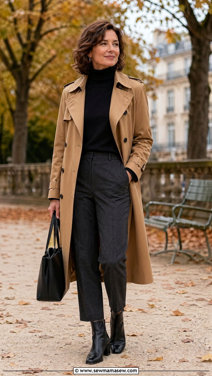 Camel trench coat with black turtleneck and cropped trousers - 35 French girl outfit ideas for women over 50