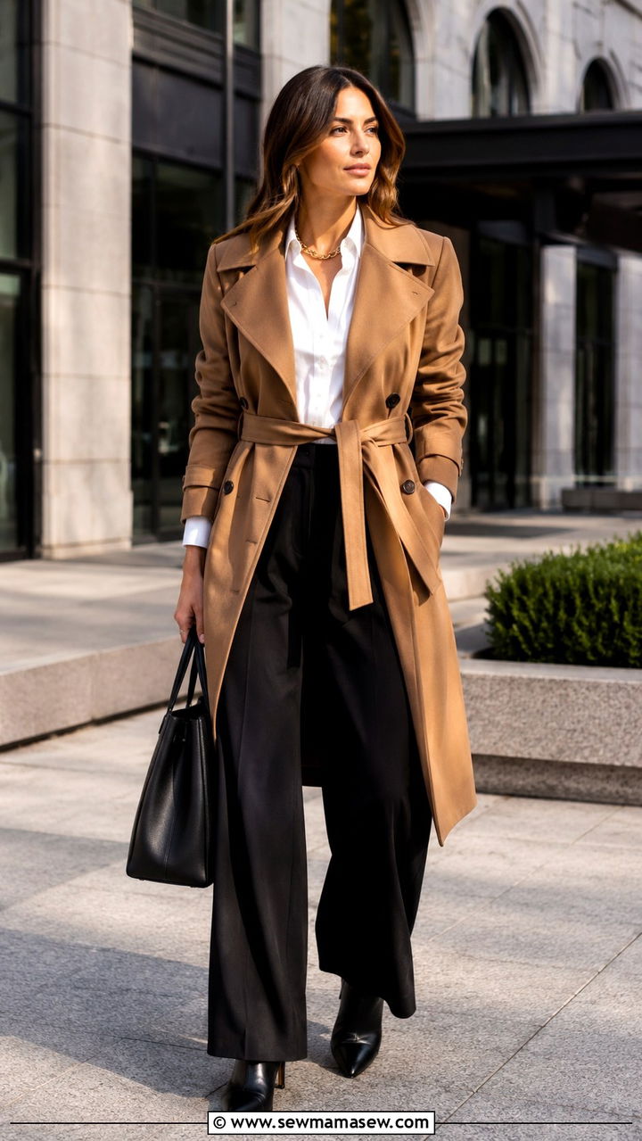 Camel trench coat with black wide leg pants - 25 Wide leg pants outfit ideas with a trench coat