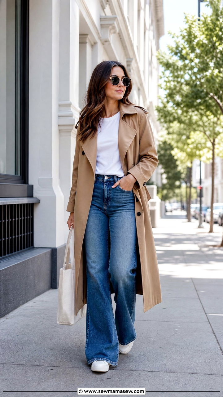 Camel trench coat with blue flare jeans and white sneakers - 30 Flare jeans outfit ideas with a trench coat
