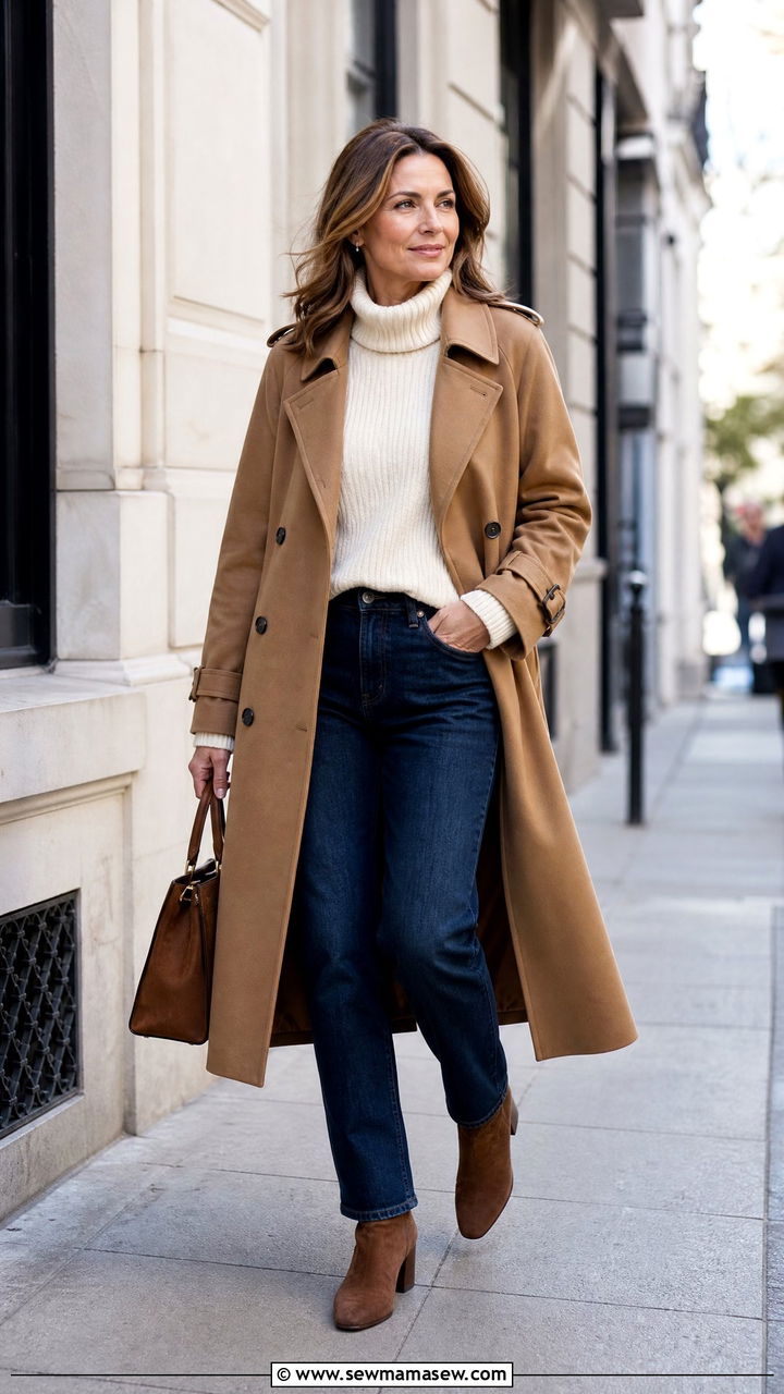 Camel trench coat with cream knit and dark denim - 25 model off duty outfit ideas for women over 40