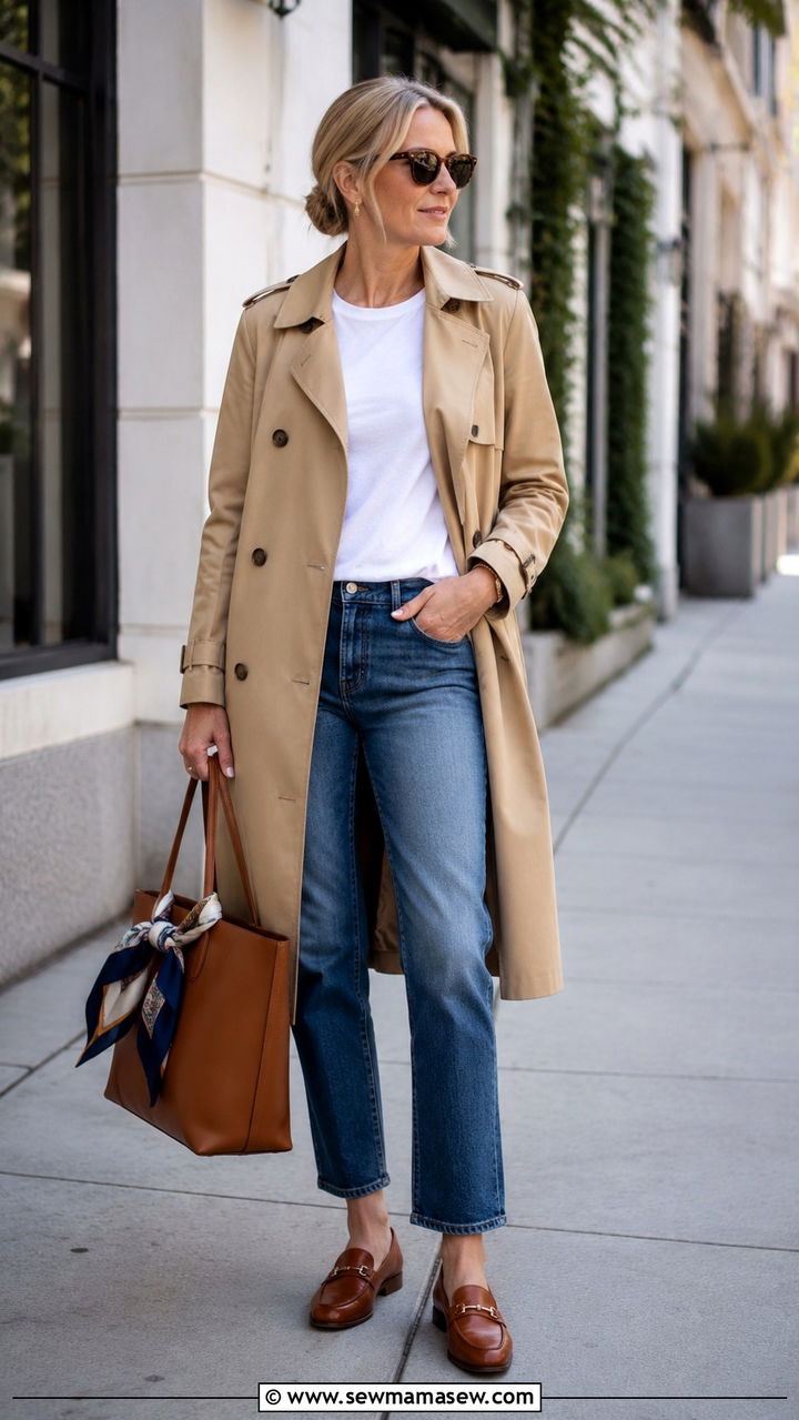 Camel trench coat with jeans outfit over 50 - 30 Midsize outfits for women over 50
