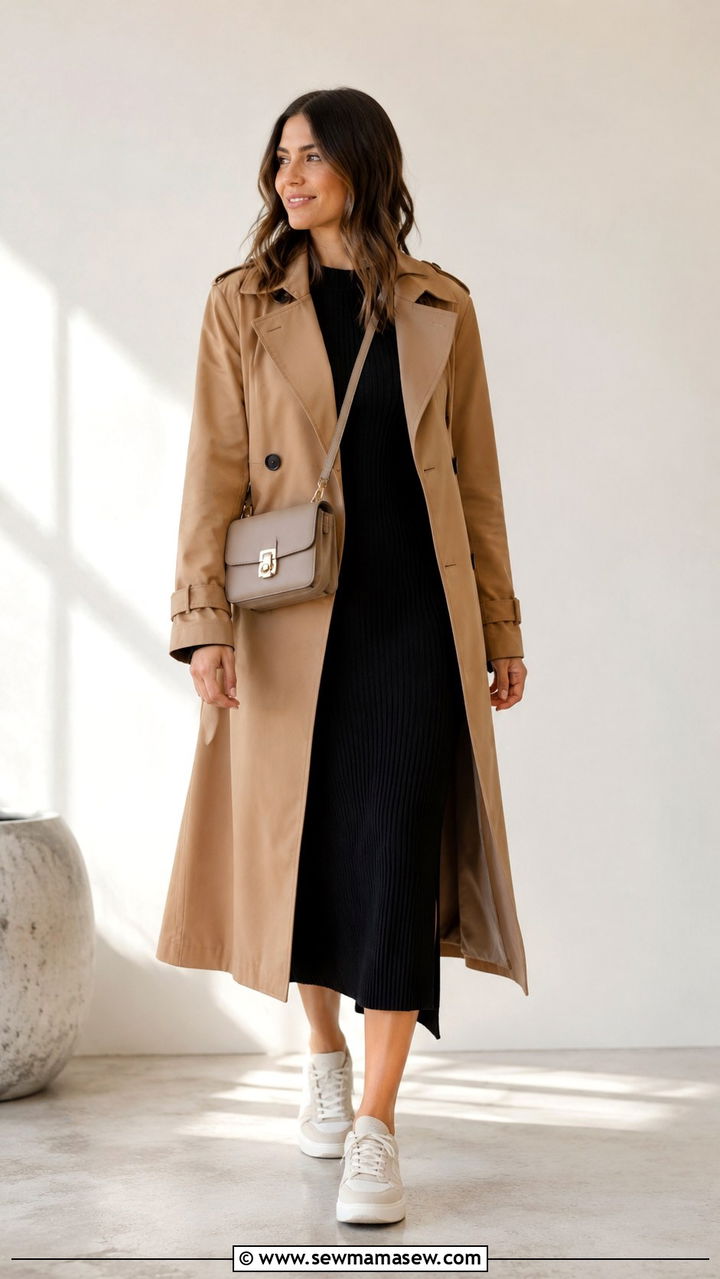 Camel trench coat with off white sneakers and black midi dress - 30 Long trench coat outfit ideas with sneakers