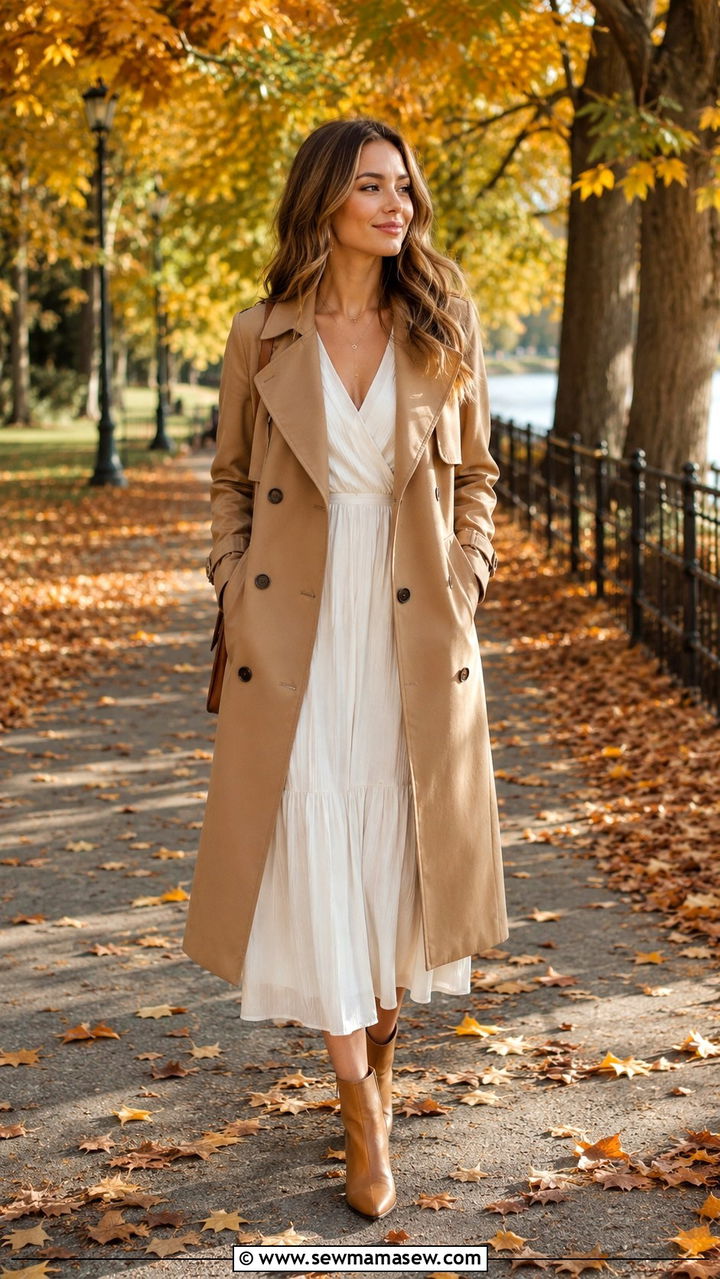 Camel trench coat with white dress and ankle boots - 30 Camel and white outfit ideas