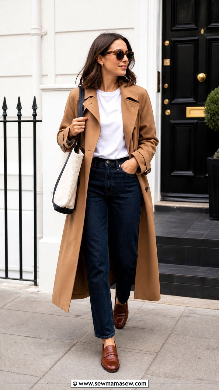Camel trench coat with white tee and dark jeans - 40 Business trip outfit ideas