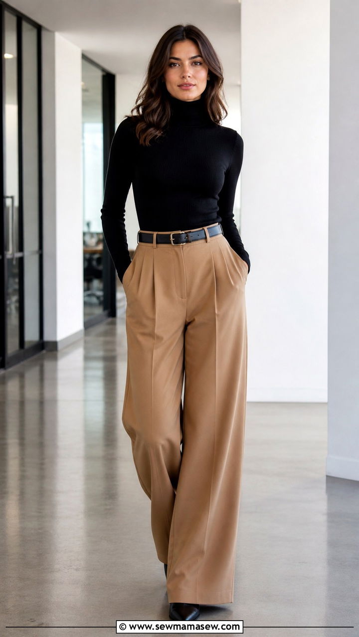 Camel trousers with black turtleneck outfit - 40 office outfits 2026